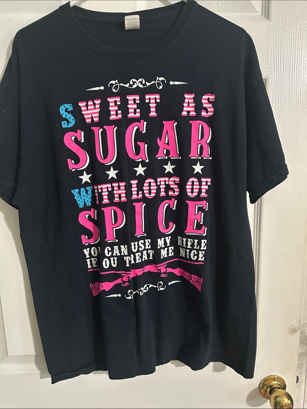Graphic Tee "Sweet as Sugar with Lots of Spice" - Black with Pink & Blue Print